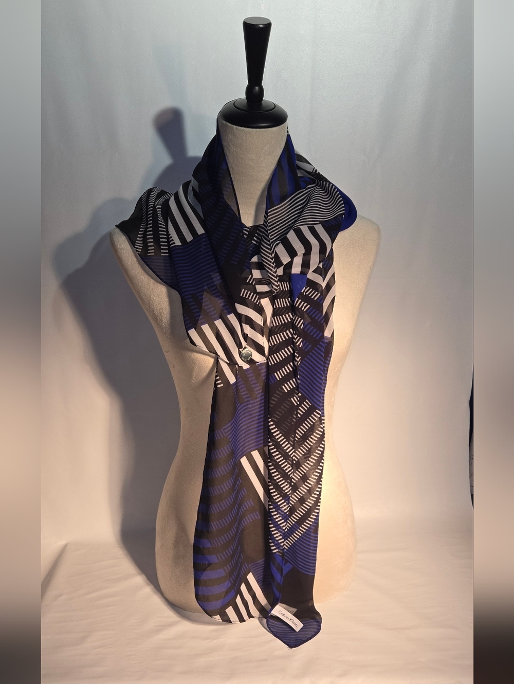 Calvin Klein Black, Blue & White Striped Geometric Scarf 80"x14"